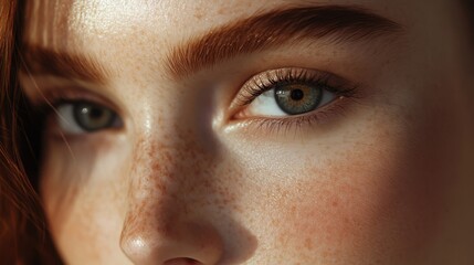 Fototapeta premium Close-up of a woman's face with freckles and green eyes.