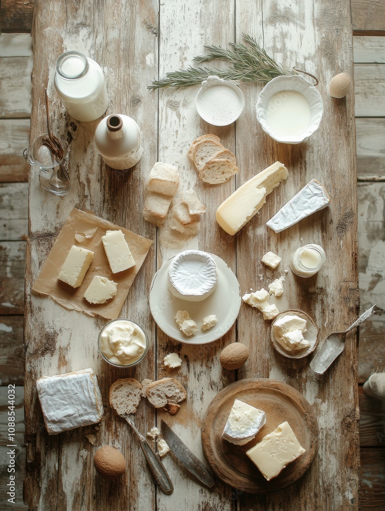 Poster this rustic wooden table features a delightful array of dairy products, showcasing milk, various che
