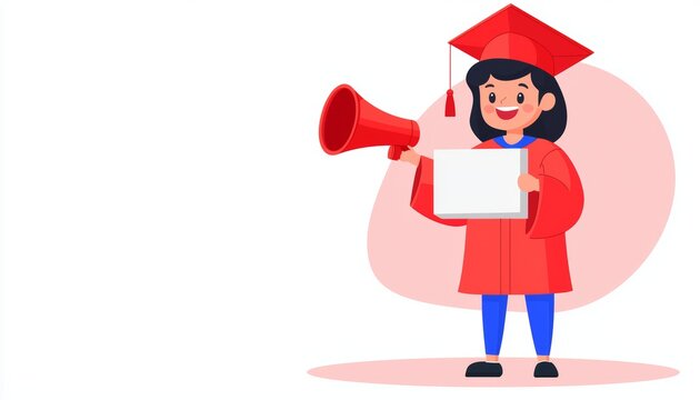 red graduate holding megaphone and blank paper clip art preview
