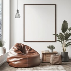 A brown bean bag chair sits in front of a white framed picture