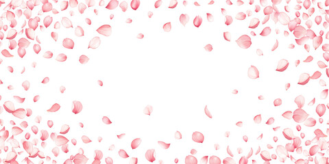 Pink apple flower flying petals frame on white. Natural beauty spa salon background. Japanese sakura petals seasonal confetti, blossom elements flying. Falling cherry bloom flower parts design. © SunwArt