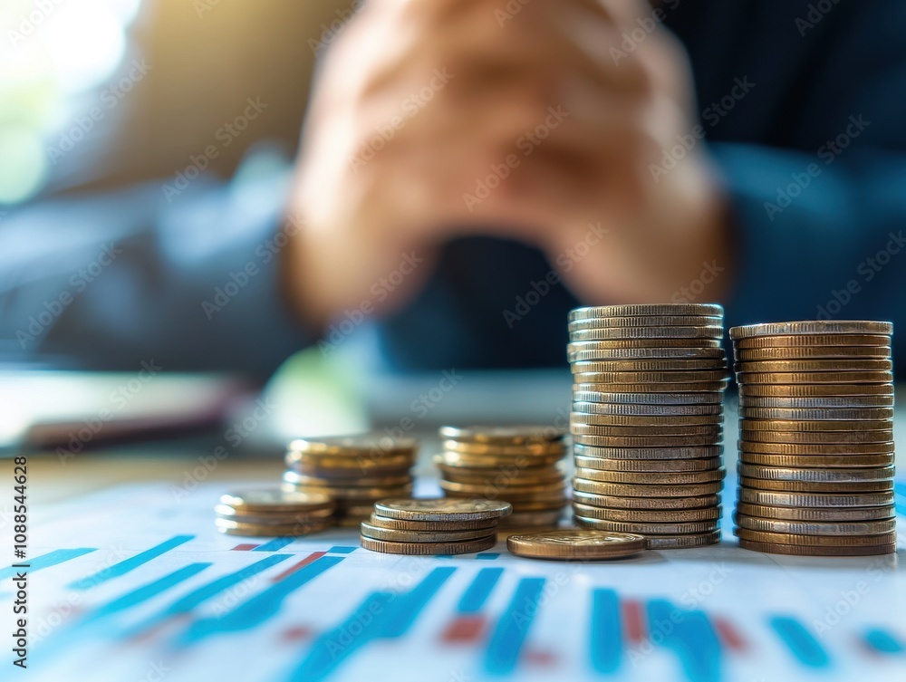 Poster hands of a person contemplating financial growth with stacks of coins and graphs depicting economic 