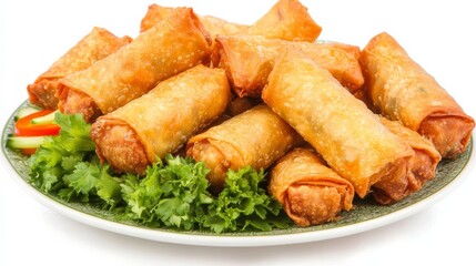A platter of crispy egg rolls filled with savory pork and vegetables, Each roll golden and crunchy, Set against an isolated white background to showcase its Asian fusion flavors 