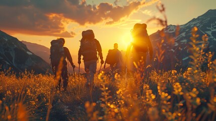 Majestic Sunset Hike: Friends Enjoying a Summer Mountain Adventure