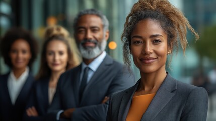 Cheerful smiling team of diverse business people in formal suit looking confident at camera with positive faces gathered outside the work building