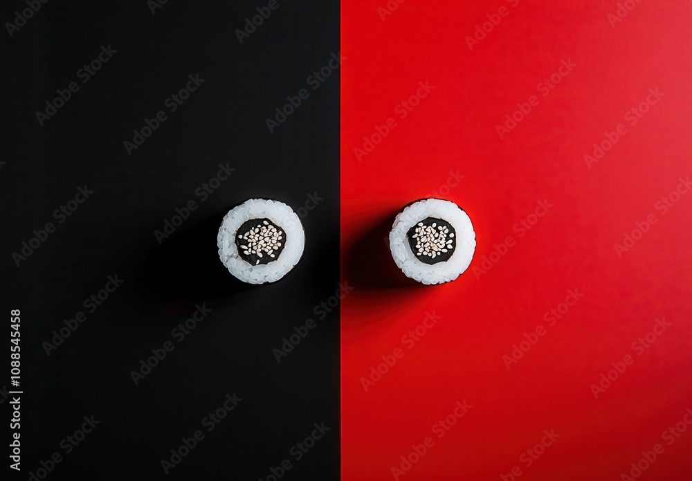 Poster minimalist sushi presentation on a black and red background with a focus on color contrast and textu