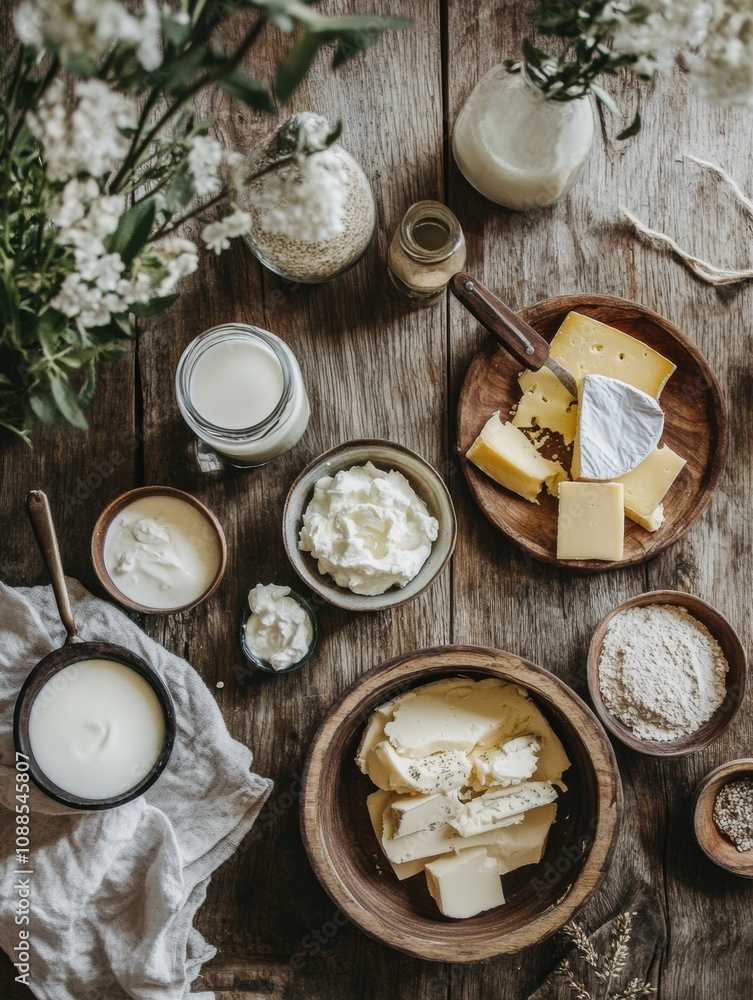 Poster A rustic wooden table is adorned with various dairy products such as milk, cheese, and butter, creating a charming culinary display. Generative AI