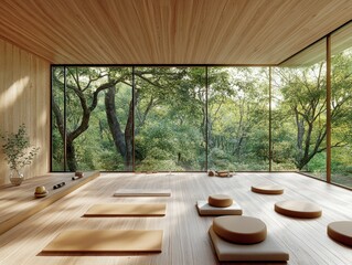 Fototapeta premium A yoga studio with a wooden floor and a view of trees