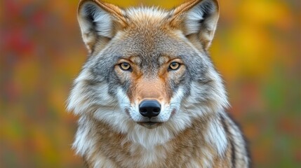 Fototapeta premium A closeup portrait of a gray wolf with piercing eyes, set against a vibrant autumn backdrop, capturing its majestic essence