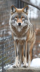 Obraz premium A gray wolf standing confidently on a rocky surface near a fence, showcasing its majestic and watchful nature