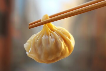 Close-up of a dumpling held with chopsticks, showcasing its smooth texture and delicate folds against a blurred background.