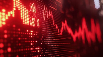 Red Candlestick Chart Displaying Decline in Stock Prices with Abstract Data Visualization Elements for Financial Analysis Concepts