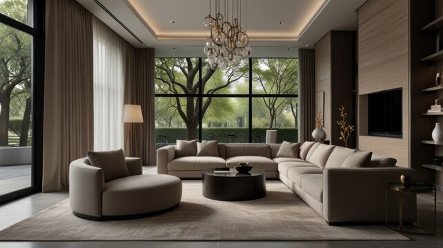 Luxurious modern living room with large windows, sectional sofa, and round accent chair overlooking a verdant landscape.