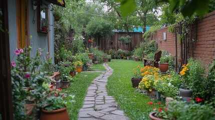 Obraz premium A serene garden path lined with colorful flowers, surrounded by lush greenery and inviting seating areas, perfect for relaxation.