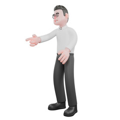 Movie Producer 3D Cartoon.A male producer stands with his right hand pointing down while his left hand is open in front of his body. 3D Style