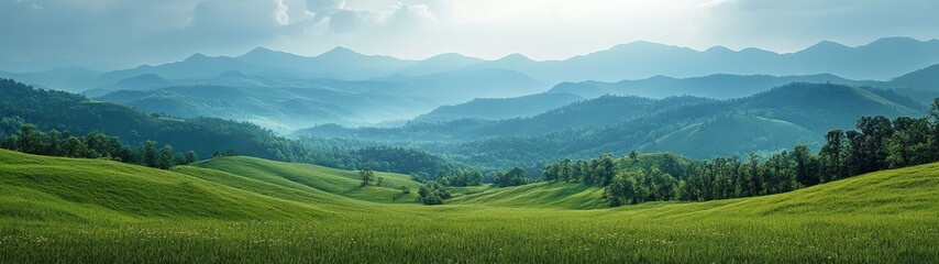 Obraz premium A serene landscape featuring rolling hills, lush greenery, and distant mountains under a soft, misty sky.