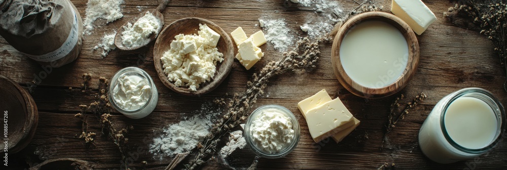 Poster A rustic wooden table is adorned with an array of dairy products such as milk, cheese, and butter, creating a warm culinary setup. Generative AI