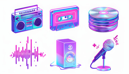 A set of 6 icons in Y2K style: Chrome boom box, Neon cassette tape, Metallic CD stack, Glitch soundwave, Holographic speaker, Pixel microphone