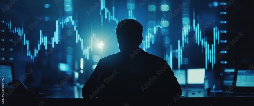 Poster silhouette of a person analyzing financial data with digital graphs in a dark room, representing mar