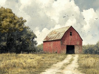 Fototapeta premium A serene rural landscape featuring a classic red barn surrounded by lush fields and cloudy skies, evoking a sense of tranquility.
