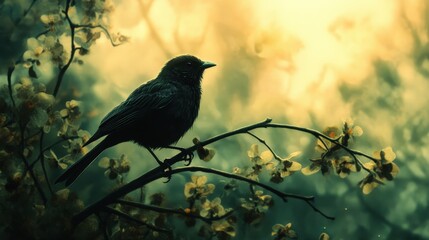 Obraz premium A serene silhouette of a bird perched on a branch surrounded by soft, glowing flowers in a dreamy atmosphere.