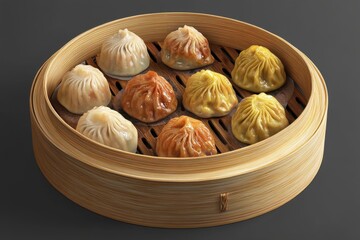 A bamboo steamer filled with an assortment of colorful dumplings, showcasing a variety of textures and flavors.