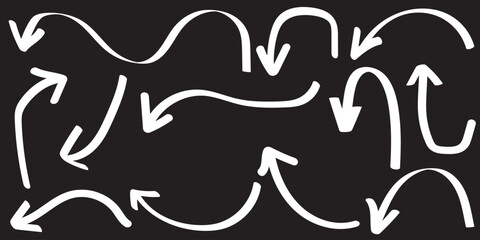 Set of Hand drawn vector arrows doodle on black background.