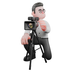 Film Set Cartoon Producer. A male producer squats while facing left with a studio camera in front of him, smiling expression. Animation