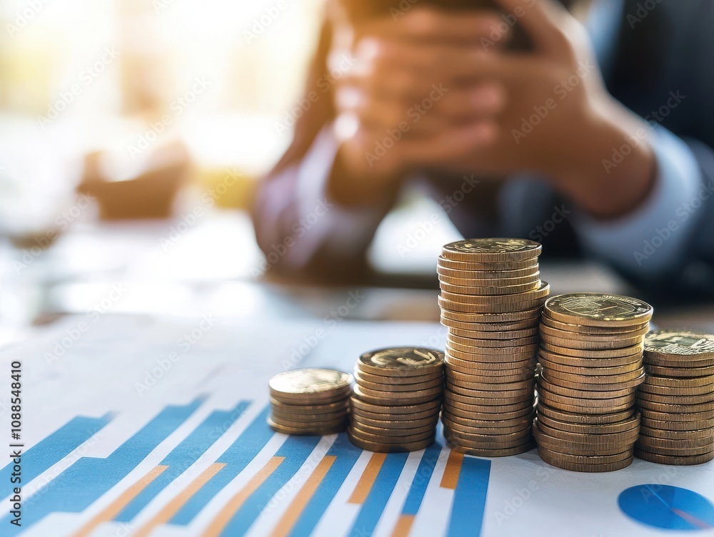 Poster stacks of coins on financial reports with blurred businessman in background analyzing data and growt