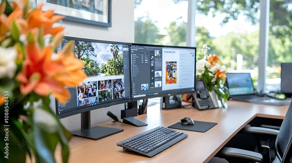 Wall mural efficient and organized workstation with multiple computer monitors and accessories on a wooden desk