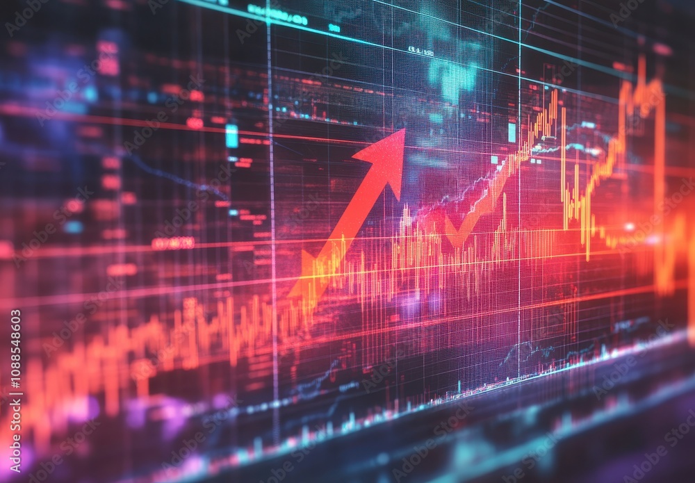 Poster abstract financial chart with colorful data visualization showing an upward trend in stock prices, d