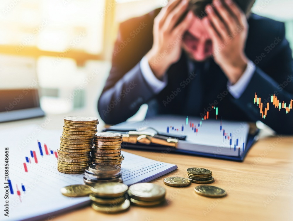 Poster stressed businessman experiencing financial loss while analyzing charts and stacks of coins in offic