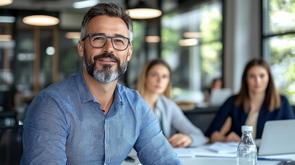 Obraz premium Mature businessman with beard wearing glasses sitting at desk and working on laptop computer in a modern bright office environment Concept of professional corporate technology business productivity