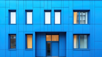 Obraz premium Bright blue facade of a modern building with rectangular windows.