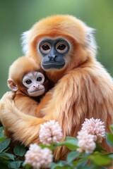 Obraz premium A golden snub nosed monkey cuddling its baby in a vibrant floral setting with pink blossoms