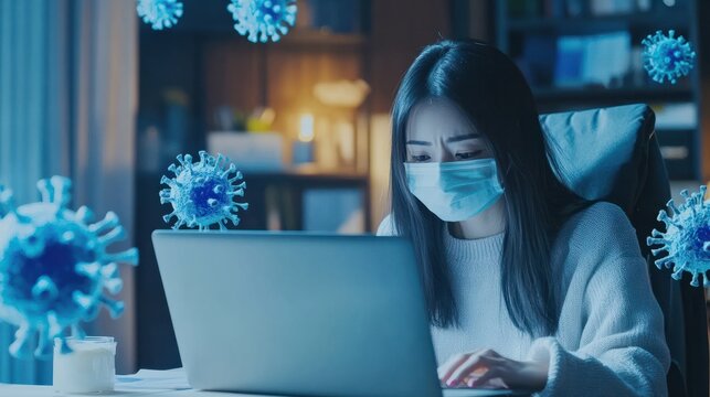 Asian woman work from home during corona virus, COVID-19 out break use laptop for teleconference with her teamates
