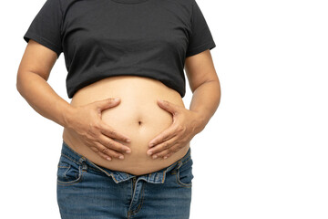 Overweight Asian woman show fat belly in body isolated on white background with copy space.