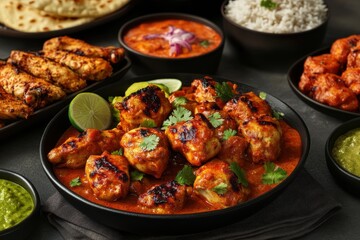 Fototapeta premium A vibrant spread of Indian cuisine featuring grilled chicken in rich sauce, with naan, rice, and fresh herbs.