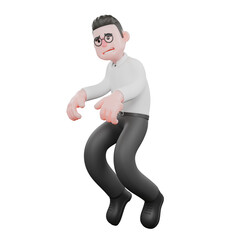 3D Producer Design. A male producer walks on tiptoes while his hands are at his sides, a cunning and scheming expression. Professional Illustration