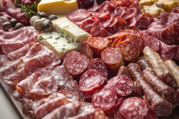 Obraz premium A vibrant assortment of deli meats and cheeses displayed beautifully, perfect for entertaining.