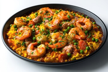 Fototapeta premium Delicious seafood paella featuring shrimp, sausage, and vibrant vegetables, garnished with fresh parsley.