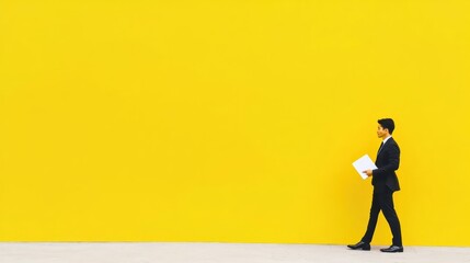 Obraz premium A businessman walking against a bright yellow wall.