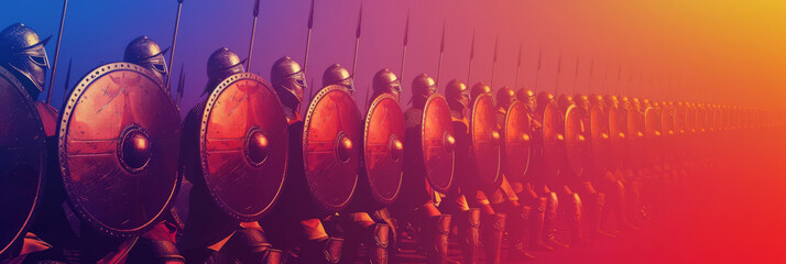 Phalanx formation with overlapping shields and spears pointing forward.