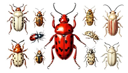 Colorful beetle collection: diverse patterns and species on white background