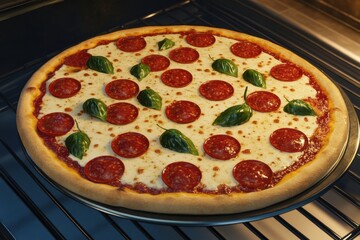 A delicious pepperoni pizza topped with fresh basil sitting in a hot oven, ready to be enjoyed.