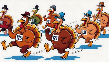 Colorful Cartoon Turkeys in Race Attire Running in a Fun Thanksgiving Event, Featuring Unique Numbers and Cheerful Expressions on a Light Background