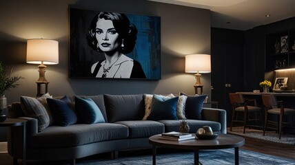 Here's a caption and keywords for your stock photo.. Elegant living room interior at night, featuring a stylish sofa, artwork, and subdued lighting.