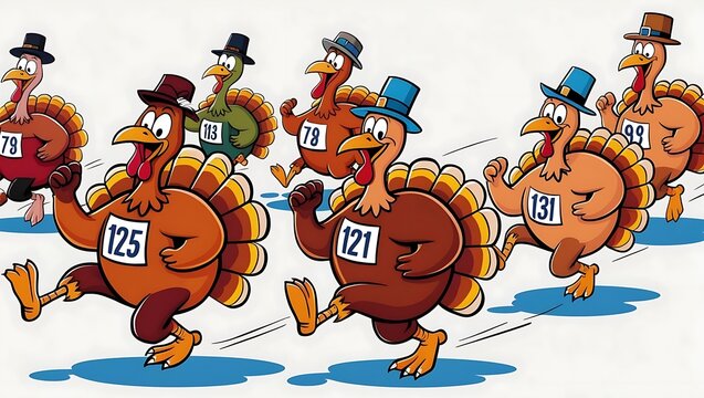 Colorful Cartoon Turkeys in Race Attire Running in a Fun Thanksgiving Event, Featuring Unique Numbers and Cheerful Expressions on a Light Background