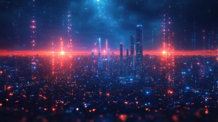 Futuristic urban landscape with 5G networks and interconnected IoT devices enhancing city life