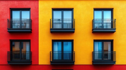 Fototapeta premium Colorful apartment facade with contrasting balconies and windows.